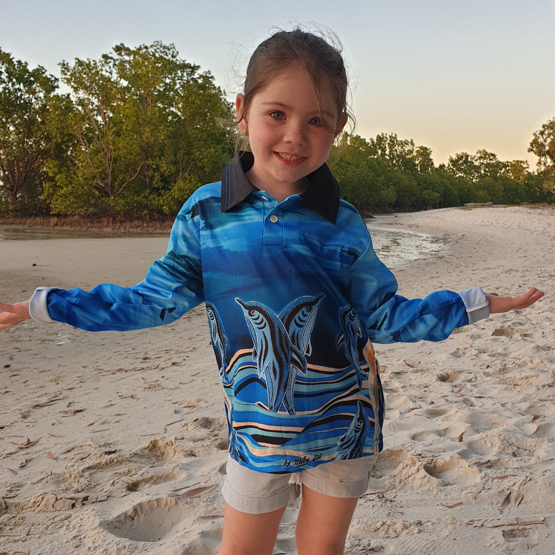 Indigenous | Dolphin Dreaming Blue Fishing Shirt ★Pre-Order★ Z and TEE ABORIGINAL Australia Australia Day Australian camping FIRST NATIONS FIRST NATIONS DESIGNS fishing FISHING SHIRT KIDS Preorder quick dry spo-disabled sun SUN SAFE sun shirt sun shirts SUN SMART sunsafe uv womens