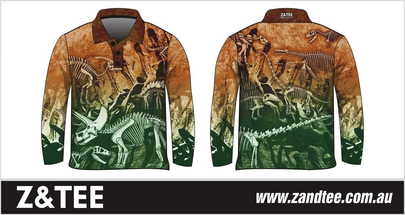 Kids | Dinosaur Trail Fossils Green Fishing Shirt ★Pre-Order★ Z and TEE BOYS DESIGNS camping fishing KIDS men Preorder quick dry spo-default spo-disabled sun sun shirt sun shirts sunsafe uv