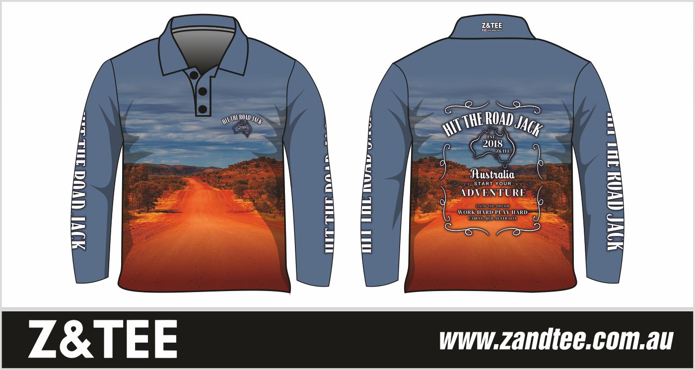Australian | Hit the Road Jack Camping Fishing Shirt ★Pre-Order★ Z and TEE 4x4 Aussie Australia Australian Australiana blue MEN'S DESIGNS mens offroad outback quick dry red SUN SAFE UPF