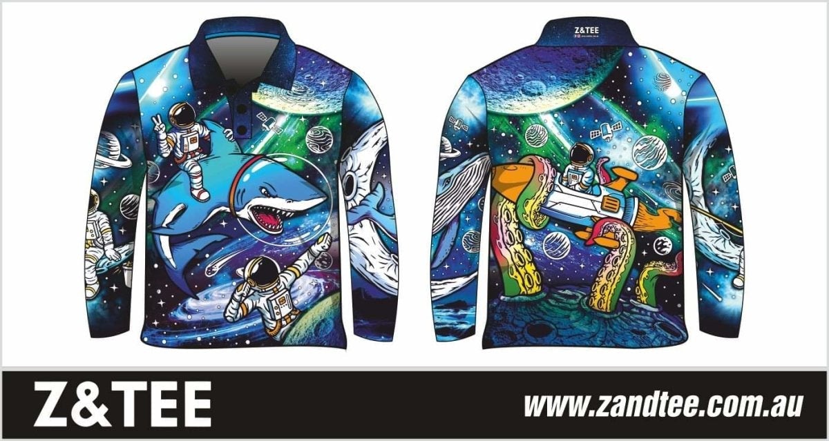 Kids | Astronaut in the Ocean Fishing Shirt ★Pre-Order★ Z and TEE blue BOYS DESIGNS KIDS kraken quick dry shark space SUN SAFE UPF whale