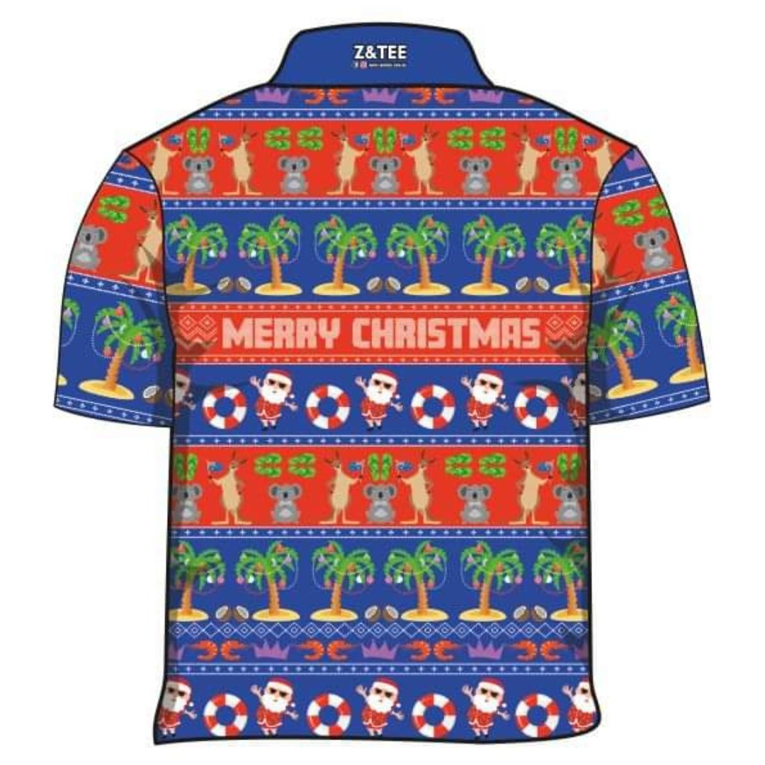Christmas | Australiana Ugly Christmas Blue Fishing Shirt Z and TEE Aussie Australian Australiana Christmas Christmas design Christmas Gift Father Christmas Festive Fun in stock kangaroo koala Matching Singlet Merry Christmas quick dry Summer SUN SAFE Tropical Ugly Christmas sweater UPF