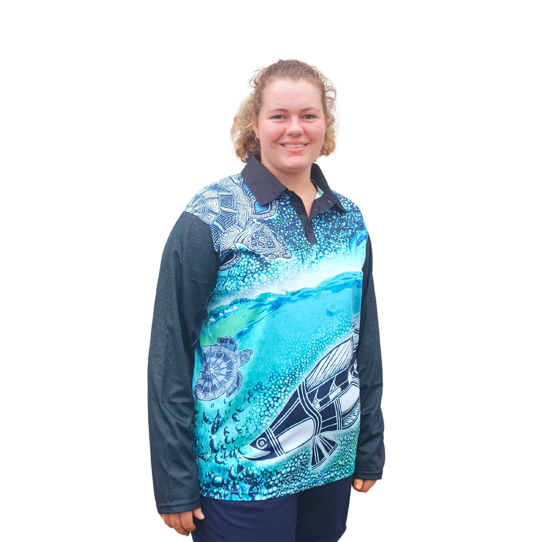 Indigenous | Barra and Turtle Fishing Shirt ★Pre-Order★ Z and TEE ABORIGINAL Australia Australian FIRST NATIONS FIRST NATIONS DESIGNS FISH DESIGNS fishing KIDS mens Preorder quick dry spo-default spo-disabled sun sun shirt sun shirts sunsafe uv womens WORK