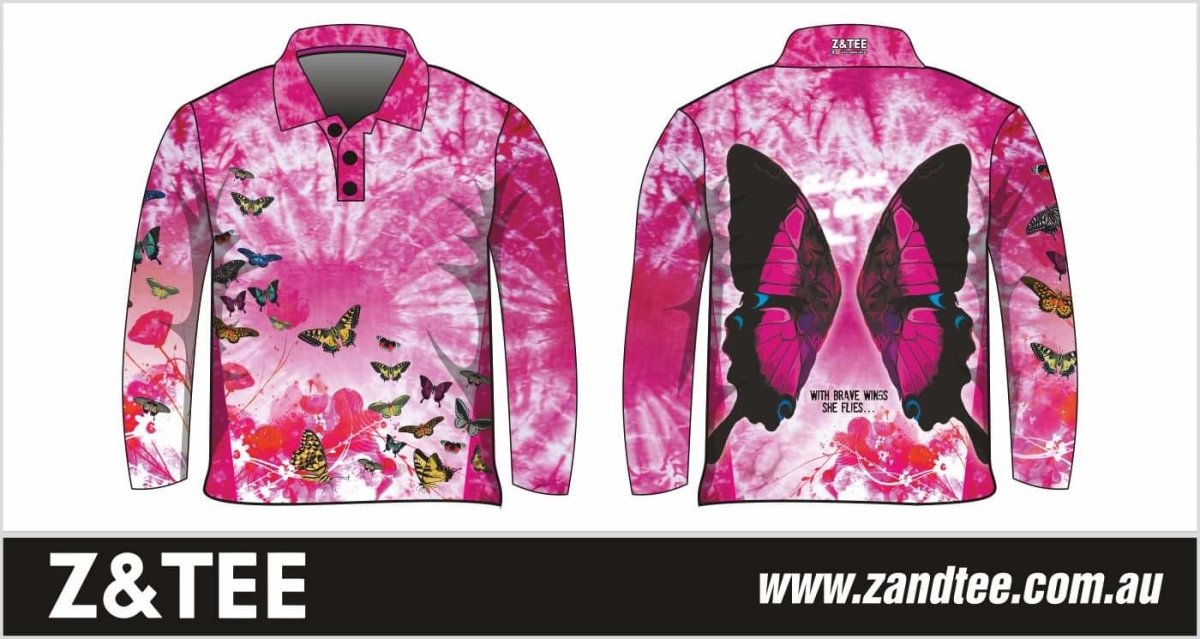 Kids | Pink Butterfly Tie Dye Fishing Shirt ★Pre-Order★ Z and TEE Butterflies camping fishing GIRLS DESIGNS KIDS Preorder quick dry spo-default spo-disabled sun sun shirt sun shirts sunsafe uv