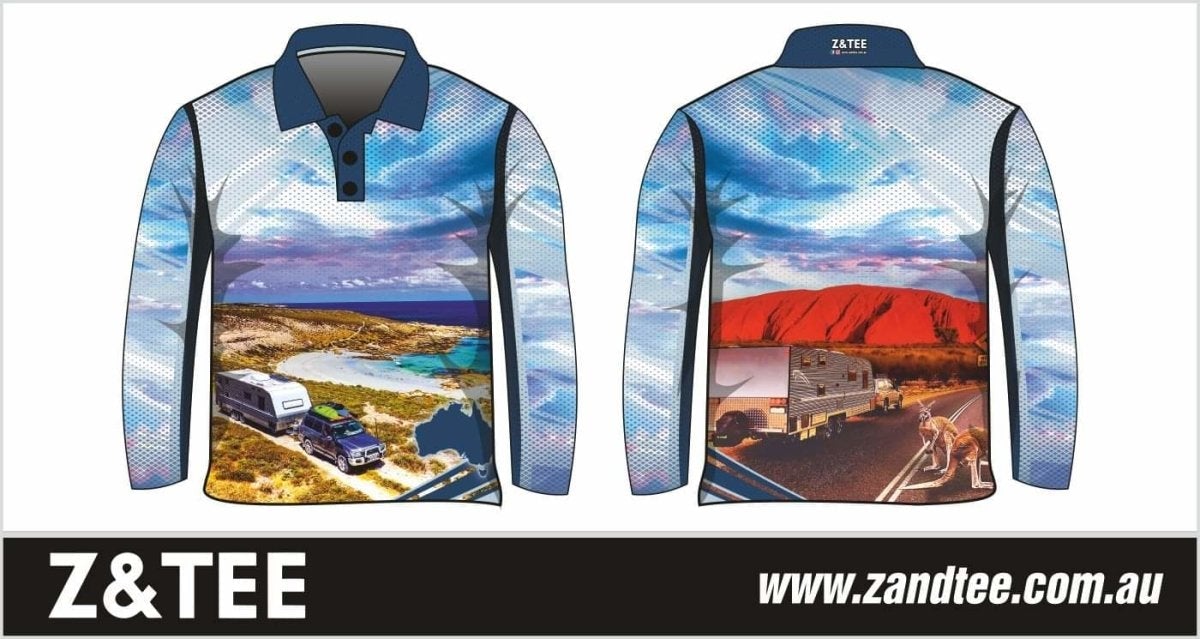 Camping & Caravanning | Sky Blue Fishing Shirt ★Pre-Order★ Z and TEE 4x4 Australia Australian Australiana ayers rock BOYS DESIGNS CAMPING AND CARAVAN DESIGNS caravan coast kangaroo MEN'S DESIGNS mens offroad outback quick dry SUN SAFE UPF