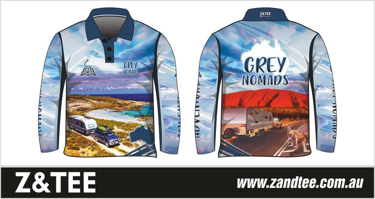 Camping & Caravanning | Grey Nomads Fishing Shirt ★Pre-Order★ Z and TEE 4x4 Australia Australian Australiana ayers rock blue BOYS DESIGNS CAMPING AND CARAVAN DESIGNS caravan coast kangaroo MEN'S DESIGNS mens offroad outback quick dry red SUN SAFE UPF