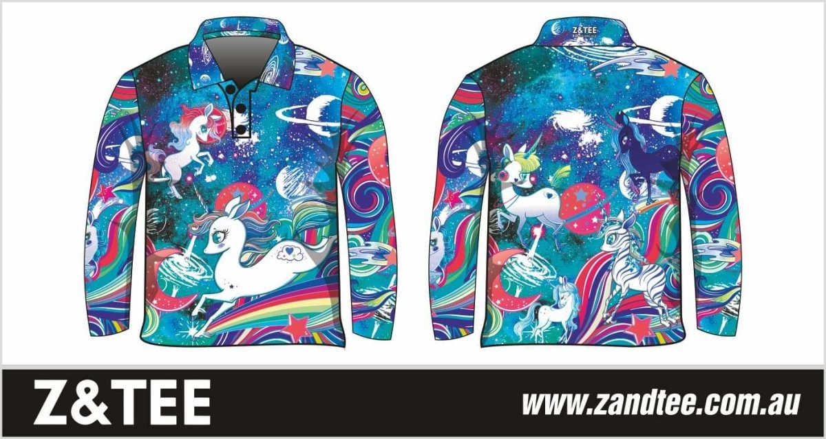 Kids | Cosmic Unicorn Milky Way Blue Fishing Shirt ★Pre-Order★ Z and TEE camping fishing Girls GIRLS DESIGNS KIDS kids design KIDS DESIGNS Kids UV rated shirt Preorder quick dry spo-default spo-disabled sun sun shirt sun shirts sunsafe uv