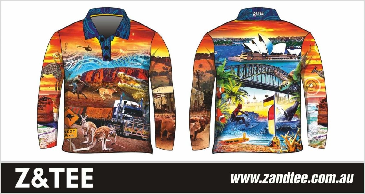 Australian | Downunder Australia Destinations Fishing Shirt ★Pre-Order★ Z and TEE Australia Australian animals Australiana ayers rock beach BOYS DESIGNS country COUNTRY WESTERN DESIGNS cowboy Helicopter mens MEN’S DESIGNS orange quick dry SUN SAFE sunrise Sunset sydney truck UPF