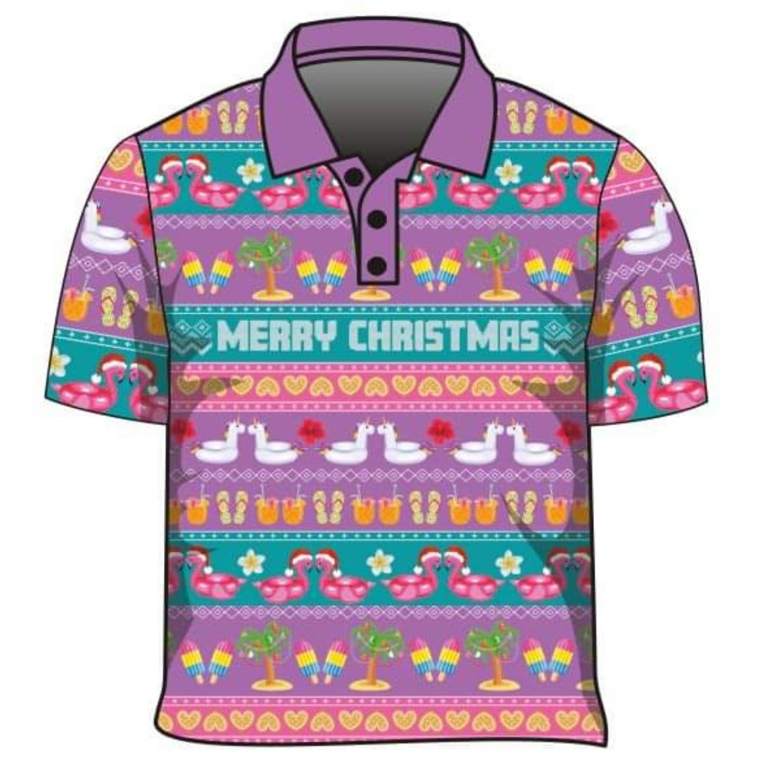 Christmas | Fa La La Mingo Ugly Christmas Fishing Shirt Z and TEE Christmas Christmas design Christmas Gift Festive Flamingoes In Stock matching dress Matching Singlet Merry Christmas pink purple quick dry Summer SUN SAFE Tropical Ugly Christmas sweater Unicorns UPF