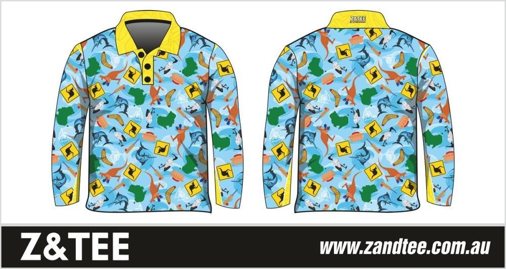 Australian | Fair Dinkum Aussie Fishing Shirt Z and TEE Aussie Aussie Map Australian Australian animals Australiana blue BOYS DESIGNS KIDS MEN'S DESIGNS mens quick dry SUN SAFE UPF yellow