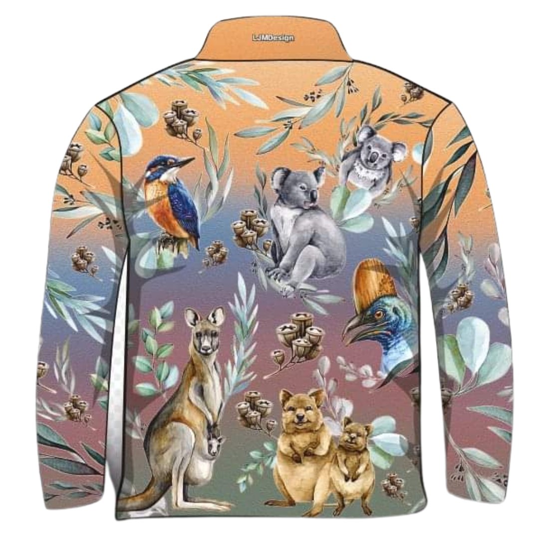 Australian | Gumnut Fauna Fishing Shirt ★Pre-Order★ Z and TEE Aussie Australian animals Australiana COUNTRY WESTERN DESIGNS Floral KIDS Kookaburra Multi Colour quick dry SUN SAFE UPF WOMEN'S DESIGNS womens
