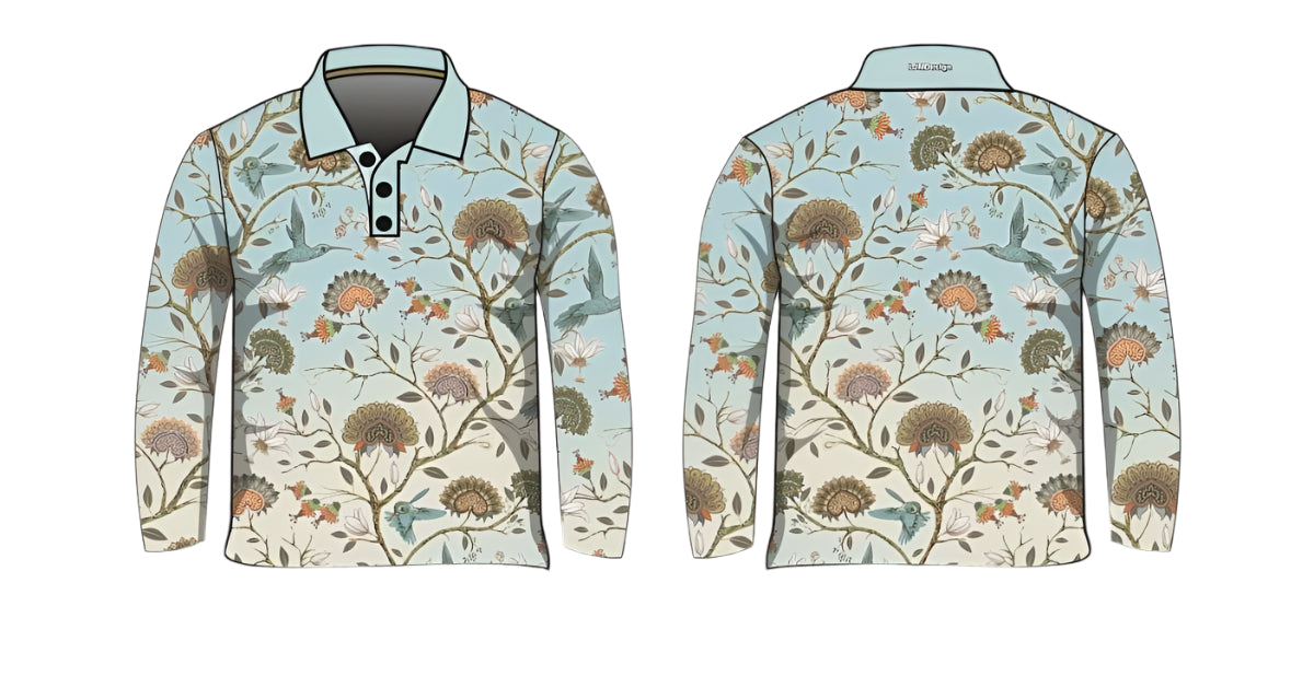 Pattern | Hummingbird Floral Blue Fishing Shirt ★Pre-Order★ Z and TEE bird BIRDS camping fishing Floral Hummingbird PATTERN AND PLAIN DESIGNS Preorder quick dry spo-default spo-disabled sun sun shirt sun shirts sunsafe uv WOMEN'S DESIGNS womens