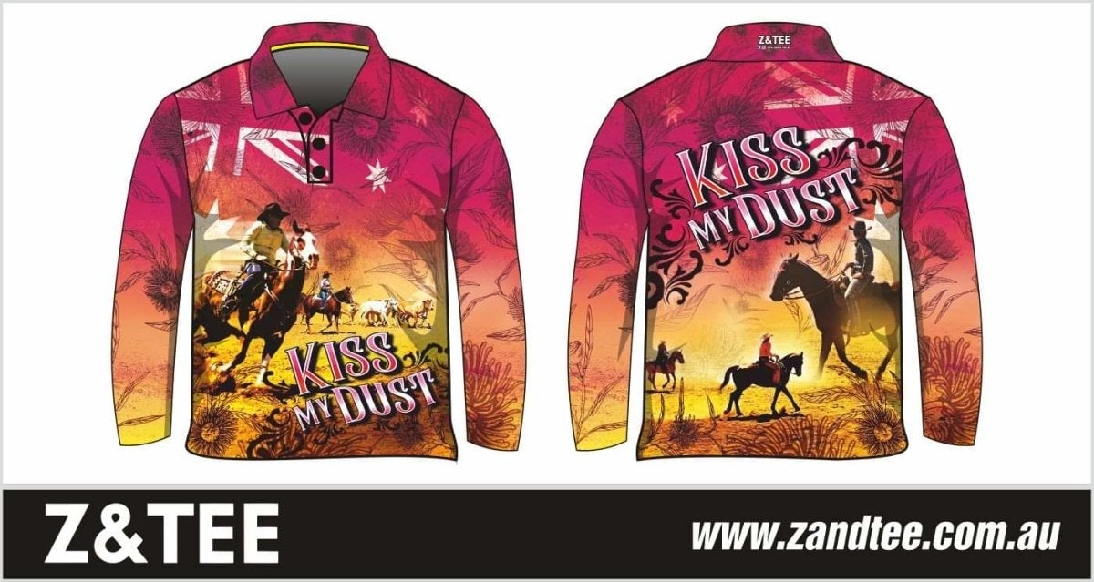 Western | Kiss My Dust Australia Fishing Shirt ★Pre-Order★ Z and TEE AUSSIE FLAG COUNTRY WESTERN DESIGNS GIRL'S DESIGNS horses KIDS Kiss my Dust MEN'S DESIGNS mens quick dry Ranch red SUN SAFE UPF WOMEN'S DESIGNS womens yellow