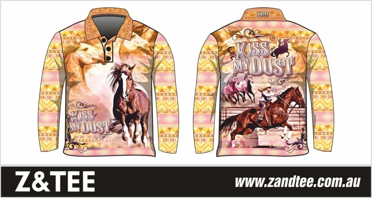 Western | Kiss My Dust Fishing Shirt ★Pre-Order★ Z and TEE brown COUNTRY WESTERN DESIGNS cowgirl horses KIDS Kiss my Dust Matching shorts quick dry Ranch rose gold SUN SAFE UPF WOMEN'S DESIGNS womens yellow