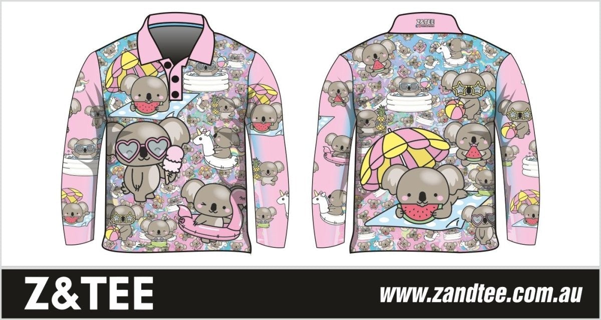 Kids | Ko Ko Koala Pink Fishing Shirt ★Pre-Order★ Z and TEE Australia Australia Day Australian camping fishing GIRLS DESIGNS KIDS Preorder quick dry spo-default spo-disabled sun sun shirt sun shirts sunsafe uv