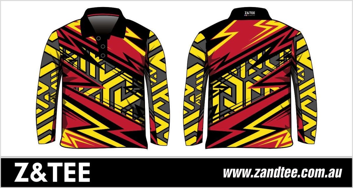 Extreme | Lightning Yellow Red Fishing Shirt Z and TEE black KIDS lightning mens MEN’S DESIGNS quick dry red SUN SAFE Tyre tracks UPF xtreme yellow z&tee