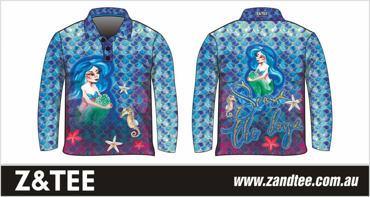Kids | Mermaid Seas the Day Fishing Shirt ★Pre-Order★ Z and TEE camping fishing GIRL'S DESIGNS KIDS KIDS ALL kids design KIDS DESIGNS Kids UV rated shirt Preorder quick dry spo-default spo-disabled sun sun shirt sun shirts sunsafe uv