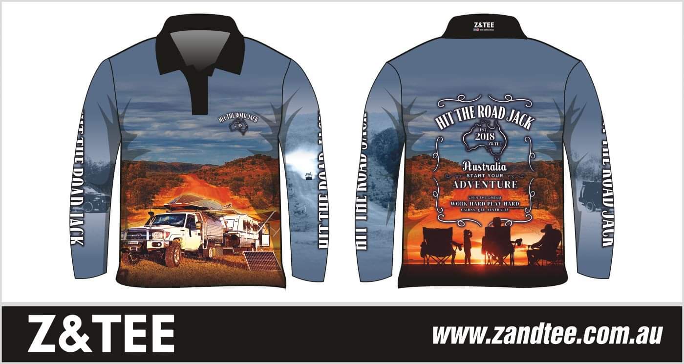 Camping & Caravanning | Hit the Road Jack Camping Adventure Fishing Shirt ★Pre-Order★ Z and TEE 4x4 Aussie Aussie Map Australia Australian Australiana blue Camp Fire camping CAMPING AND CARAVAN DESIGNS caravan MEN'S DESIGNS mens offroad outback quick dry red SUN SAFE UPF