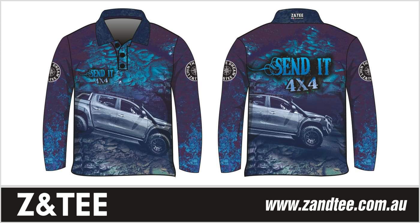 4x4 | Send It 4x4 Blue Fishing Shirt ★Pre-Order★ Z and TEE 4x4 4X4 DESIGNS blue BOYS DESIGNS Compass KIDS Living the Dream Matching shorts MEN'S DESIGNS mens quick dry Send it SUN SAFE UPF