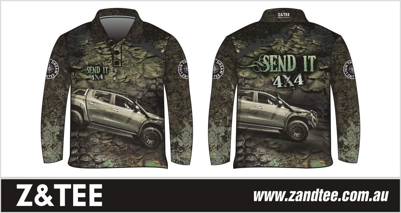 4x4 | Send It 4x4 Khaki Fishing Shirt ★Pre-Order★ Z and TEE 4x4 4X4 DESIGNS BOYS DESIGNS camping Choose your car Compass fishing Khaki KIDS Living the Dream Matching shorts men MEN'S DESIGNS mens quick dry Send it SUN SAFE UPF