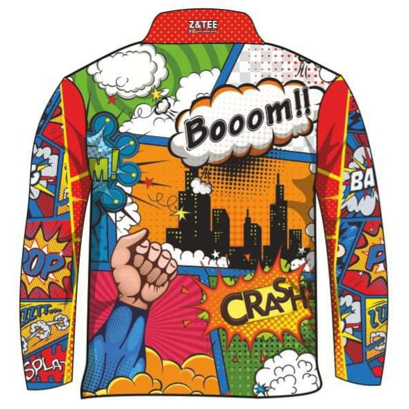 Kids | Superhero Fishing Shirt Z and TEE BOYS DESIGNS Comic FISHING Fun KIDS MEN'S DESIGNS mens Multi Colour quick dry red SUN SAFE UPF