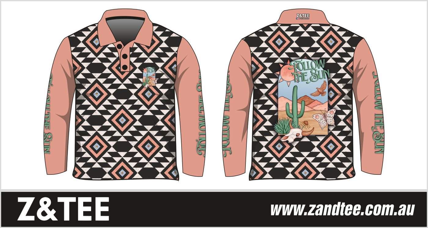 Follow the Sun | Western Aztec Fishing Shirt ★Pre-Order★ Z and TEE Aztec black Butterflies cactus COUNTRY WESTERN DESIGNS Follow the Sun pink quick dry sun SUN SAFE UPF WOMEN'S DESIGNS womens