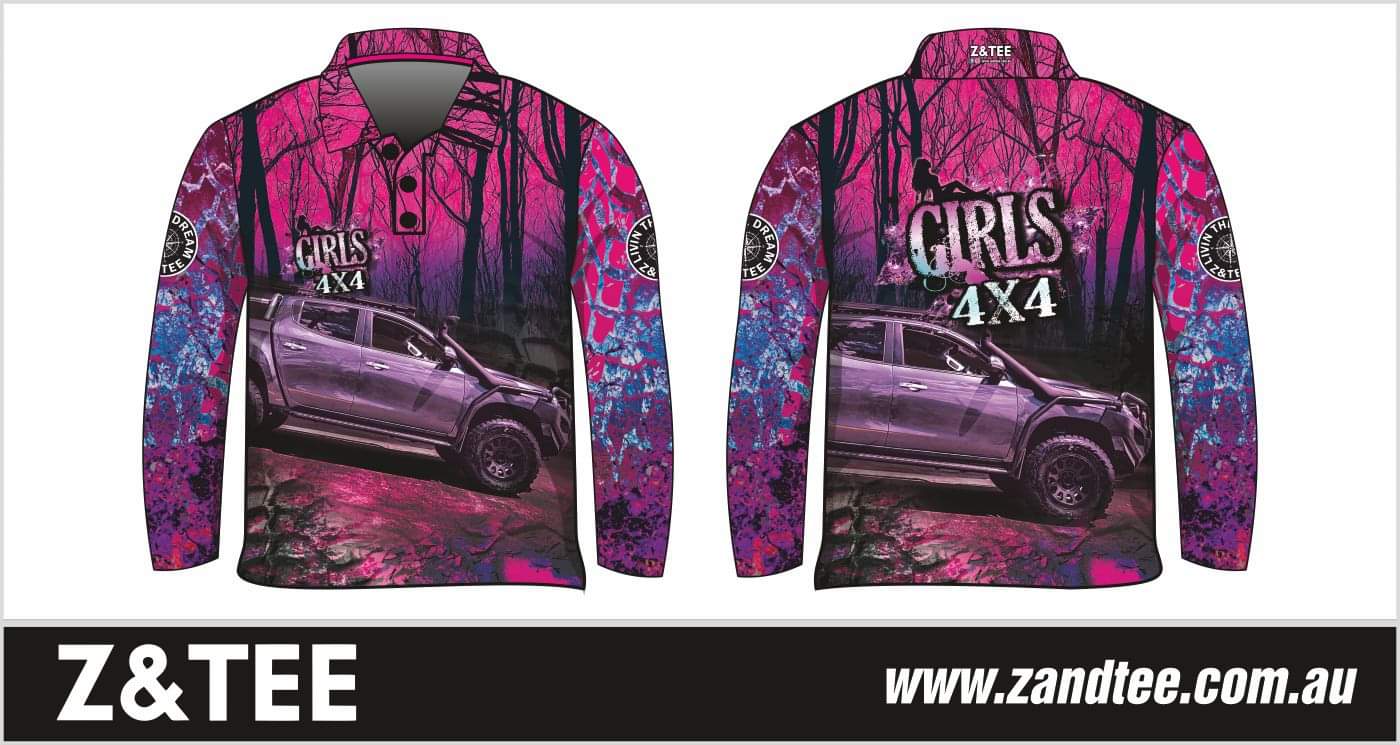 4x4 | Girls 4x4 Bush Pink & Purple Fishing Shirt ★Pre-Order★ Z and TEE 4x4 4X4 DESIGNS Choose your car Compass GIRL'S DESIGNS Girls 4X4 KIDS Living the Dream Matching shorts pink purple quick dry SUN SAFE sun shirts UPF WOMEN'S DESIGNS womens