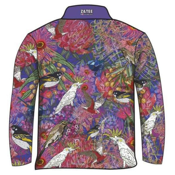 Australian | Birds and Blooms Purple Fishing Shirt ★Pre-Order★ Z and TEE Aussie australian birds Australiana cockatoo Floral GIRL'S DESIGNS matching dress pink purple quick dry SUN SAFE UPF WOMEN'S DESIGNS womens