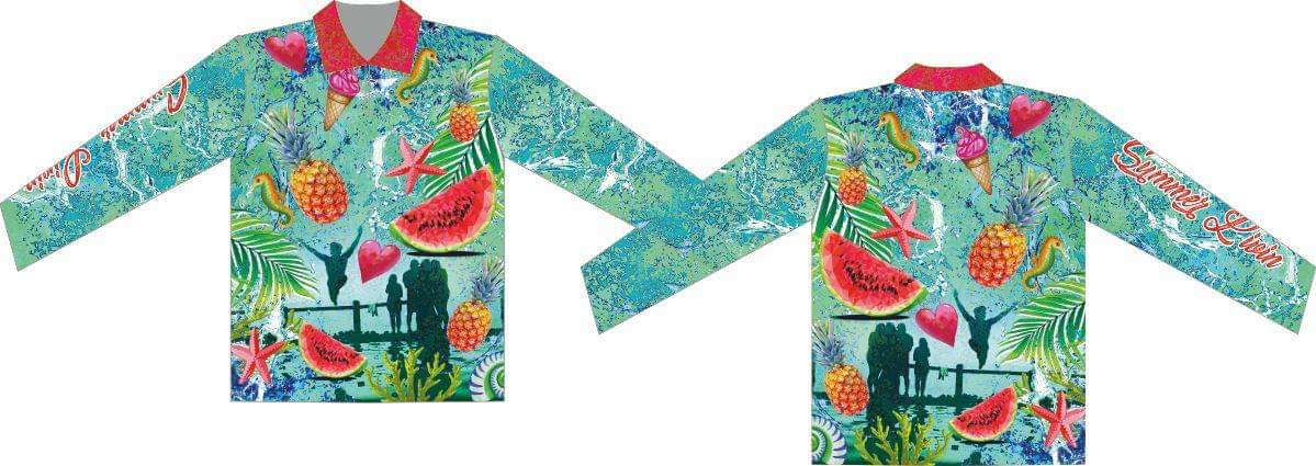 Tropical | Summer Livin Tropical Fishing Shirt ★Pre-Order★ Z and TEE blue Fruit GIRL'S DESIGNS KIDS quick dry seahorse Summer Livin SUN SAFE tropical UPF WOMEN'S DESIGNS womens