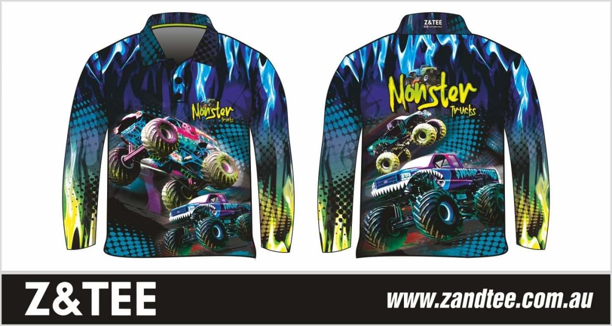 Kids | Monster Truck Blue Fishing Shirt ★Pre-Order★ Z and TEE BOYS DESIGNS camping fishing KIDS men MEN'S DESIGNS Preorder quick dry spo-default spo-disabled sun sun shirt sun shirts sunsafe uv