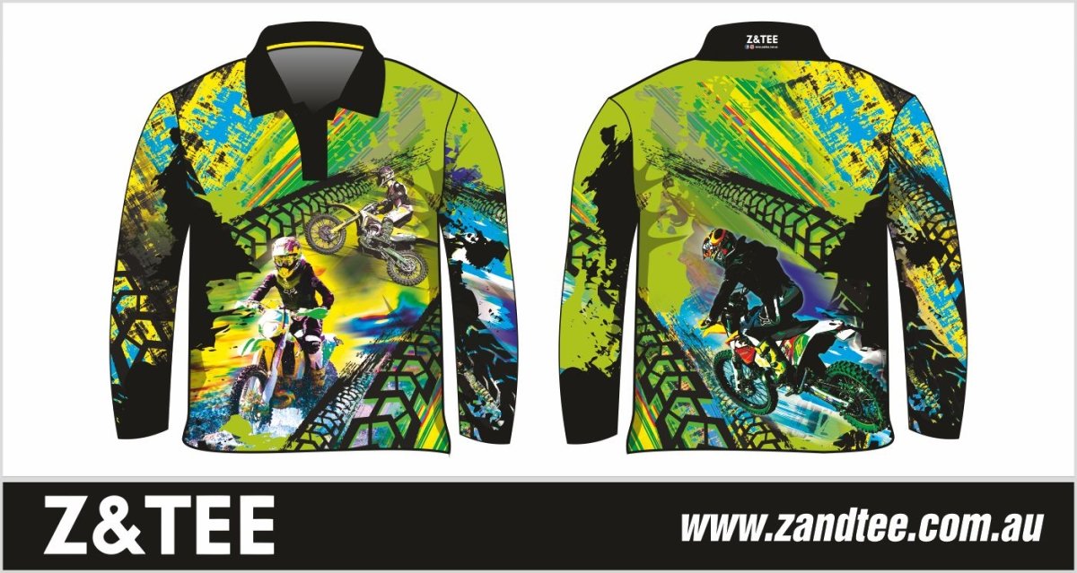 Extreme | Motorbike Green Fishing Shirt ★Pre-Order★ Z and TEE black BOYS DESIGNS green KIDS MEN'S DESIGNS mens motorbike offroad quick dry SUN SAFE Tyre tracks UPF xtreme