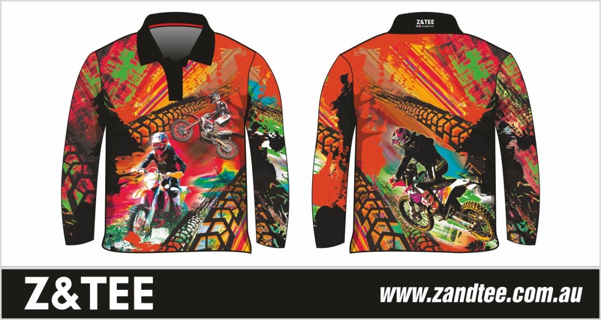 Extreme | Motorbike Orange Fishing Shirt ★Pre-Order★ Z and TEE black BOYS DESIGNS dirt bike KIDS MEN’S DESIGNS motorbike Multi Colour offroad orange quick dry SUN SAFE Tyre tracks UPF xtreme