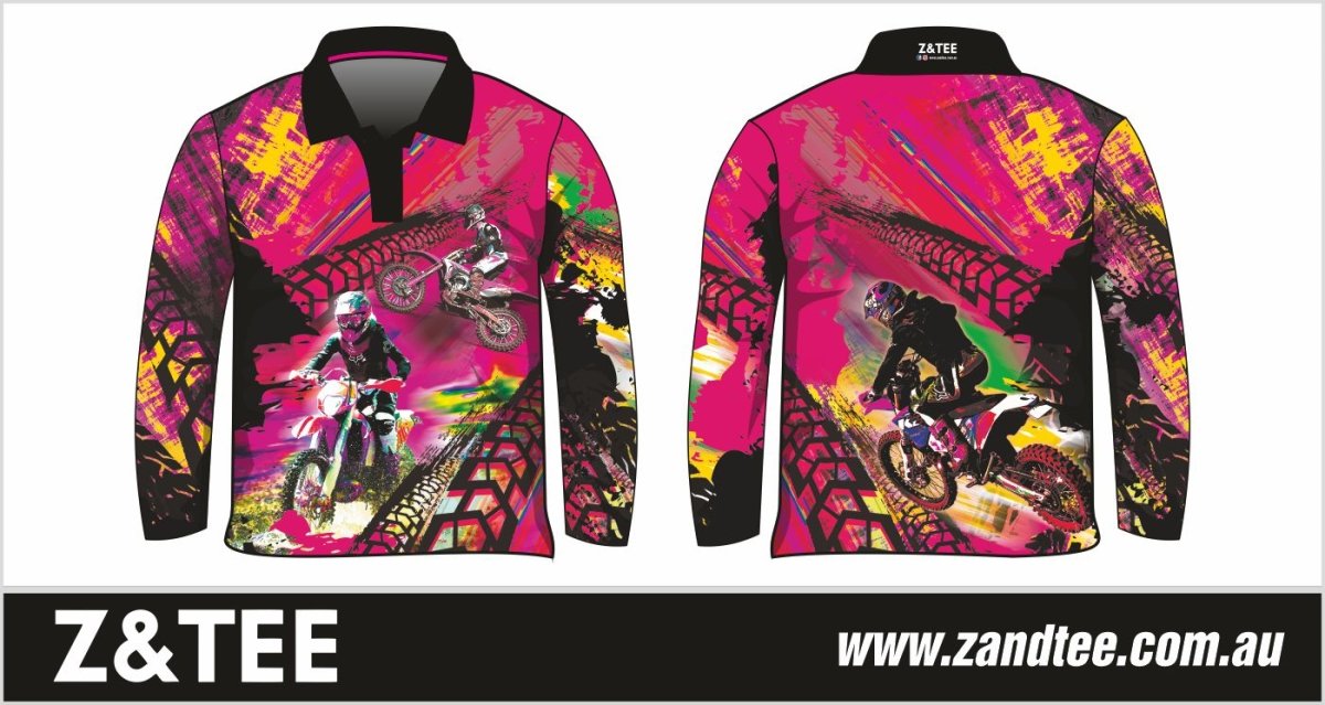 Extreme | Motorbike Pink Fishing Shirt ★Pre-Order★ Z and TEE black dirt bike GIRL'S DESIGNS KIDS motorbike Multi Colour offroad pink quick dry SUN SAFE Tyre tracks UPF WOMEN'S DESIGNS womens xtreme