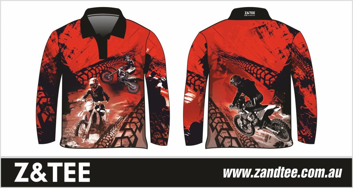 Extreme | Motorbike Red Fishing Shirt ★Pre-Order★ Z and TEE black BOYS DESIGNS dirt bike KIDS MEN'S DESIGNS mens motorbike offroad quick dry red SUN SAFE Tyre tracks UPF xtreme