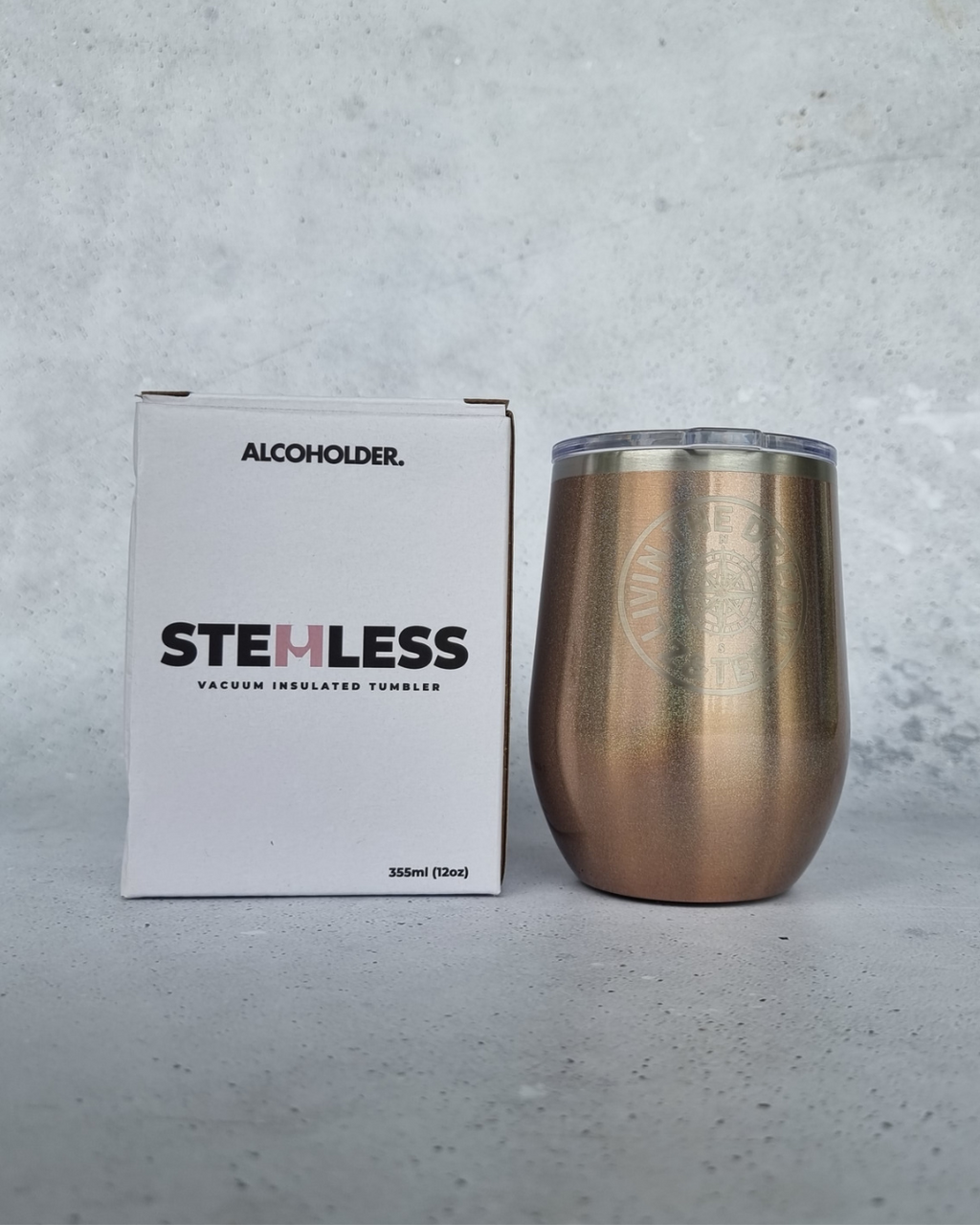 Stemless Rose Gold Glitter Insulated Wine Tumbler 355ml (12oz) - Z&Tee Z and TEE alcoholder brumate lastchance stanley swig yeti