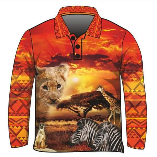 Kids | African Lion Fishing Shirt ★Pre-Order★ Z and TEE African Wildlife BOYS DESIGNS giraffe GIRL'S DESIGNS KIDS Lions meercat orange quick dry red SUN SAFE Sunset UPF zebra