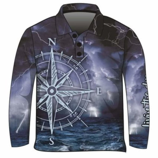Compass | Storm Livin the Dream Fishing Shirt ★Pre-Order★ Z and TEE BOYS DESIGNS Compass Complete the Set Dress Set lightning Living the Dream matching dress Matching Shirt MEN'S DESIGNS mens Navy ocean quick dry storm SUN SAFE tropical TROPICAL DESIGNS UPF