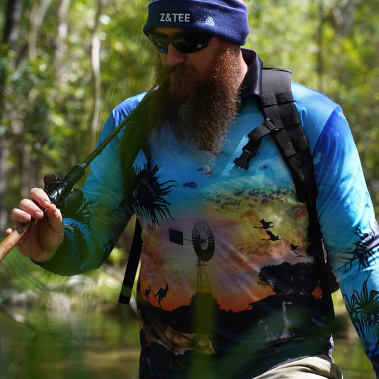 Australian | Camping Blue Fishing Shirt ★Pre-Order★ Z and TEE Aussie Aussie Map Australian animals Australiana blue BOYS DESIGNS Camp Fire camping CAMPING AND CARAVAN DESIGNS Complete the Set Matching shorts MEN'S DESIGNS mens outback quick dry SUN SAFE Sunset UPF windmill