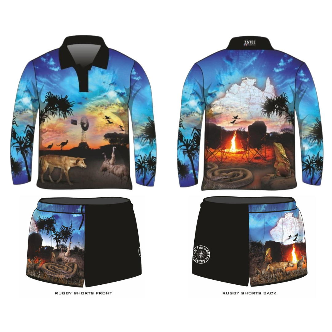 Australian | Camping Blue Fishing Shirt Z and TEE Aussie Aussie Map Australian animals Australiana blue BOYS DESIGNS Camp Fire camping CAMPING AND CARAVAN DESIGNS Matching shorts mens MEN’S DESIGNS outback quick dry SUN SAFE Sunset UPF windmill