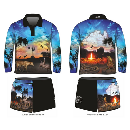 Australian | Camping Blue Fishing Shirt Z and TEE Aussie Aussie Map Australian animals Australiana blue BOYS DESIGNS Camp Fire camping CAMPING AND CARAVAN DESIGNS Matching shorts mens MEN’S DESIGNS outback quick dry SUN SAFE Sunset UPF windmill
