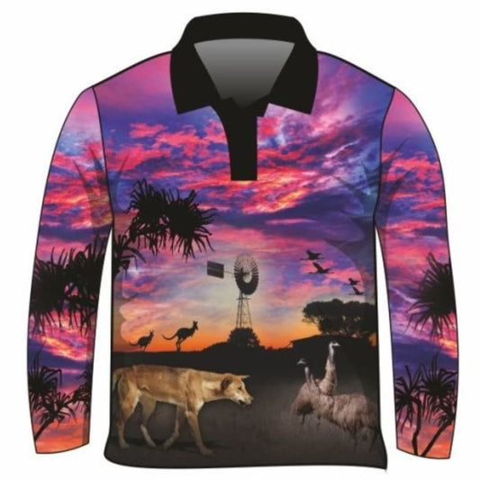 Australian | Camping Pink Fishing Shirt ★Pre-Order★ Z and TEE Aussie Aussie Map Australian animals Australiana CAMPING AND CARAVAN DESIGNS Complete the Set GIRL'S DESIGNS Matching shorts outback pink quick dry SUN SAFE UPF windmill womens