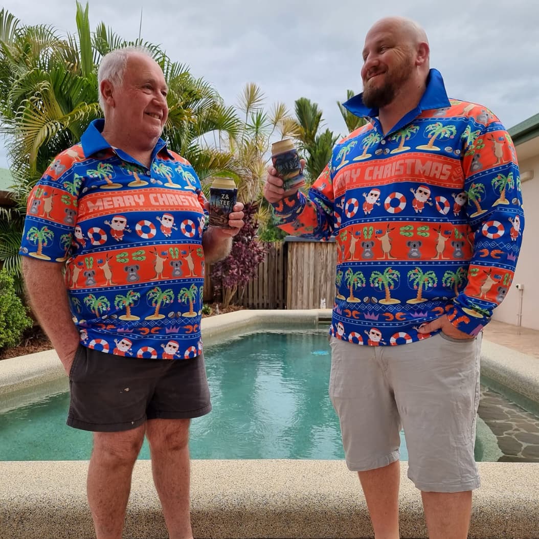 Christmas | Blue Australiana Ugly Christmas Fishing Shirt ★Pre-Order★ Z and TEE Aussie Australian Australiana CHRISTMAS Christmas design Christmas Gift Father Christmas Fun kangaroo koala Matching Singlet Merry Christmas quick dry Summer SUN SAFE Tropical Ugly Christmas sweater UPF