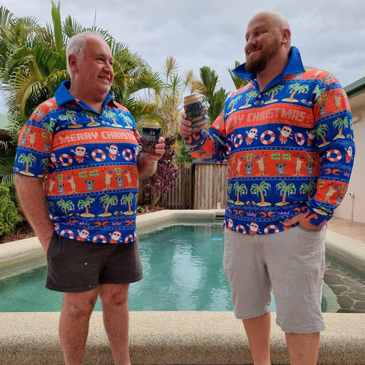 Christmas | Blue Australiana Ugly Christmas Fishing Shirt ★Pre-Order★ Z and TEE Aussie Australian Australiana CHRISTMAS Christmas design Christmas Gift Father Christmas Fun kangaroo koala Matching Singlet Merry Christmas quick dry Summer SUN SAFE Tropical Ugly Christmas sweater UPF