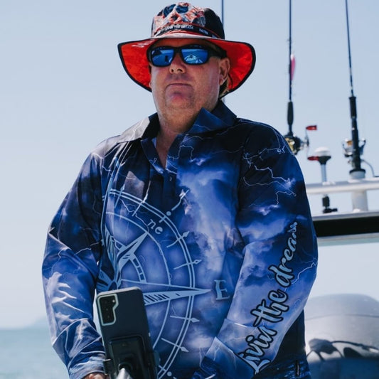 Compass | Storm Livin the Dream Fishing Shirt ★Pre-Order★ Z and TEE BOYS DESIGNS Compass Complete the Set Dress Set lightning Living the Dream matching dress Matching Shirt MEN'S DESIGNS mens Navy ocean quick dry storm SUN SAFE tropical TROPICAL DESIGNS UPF