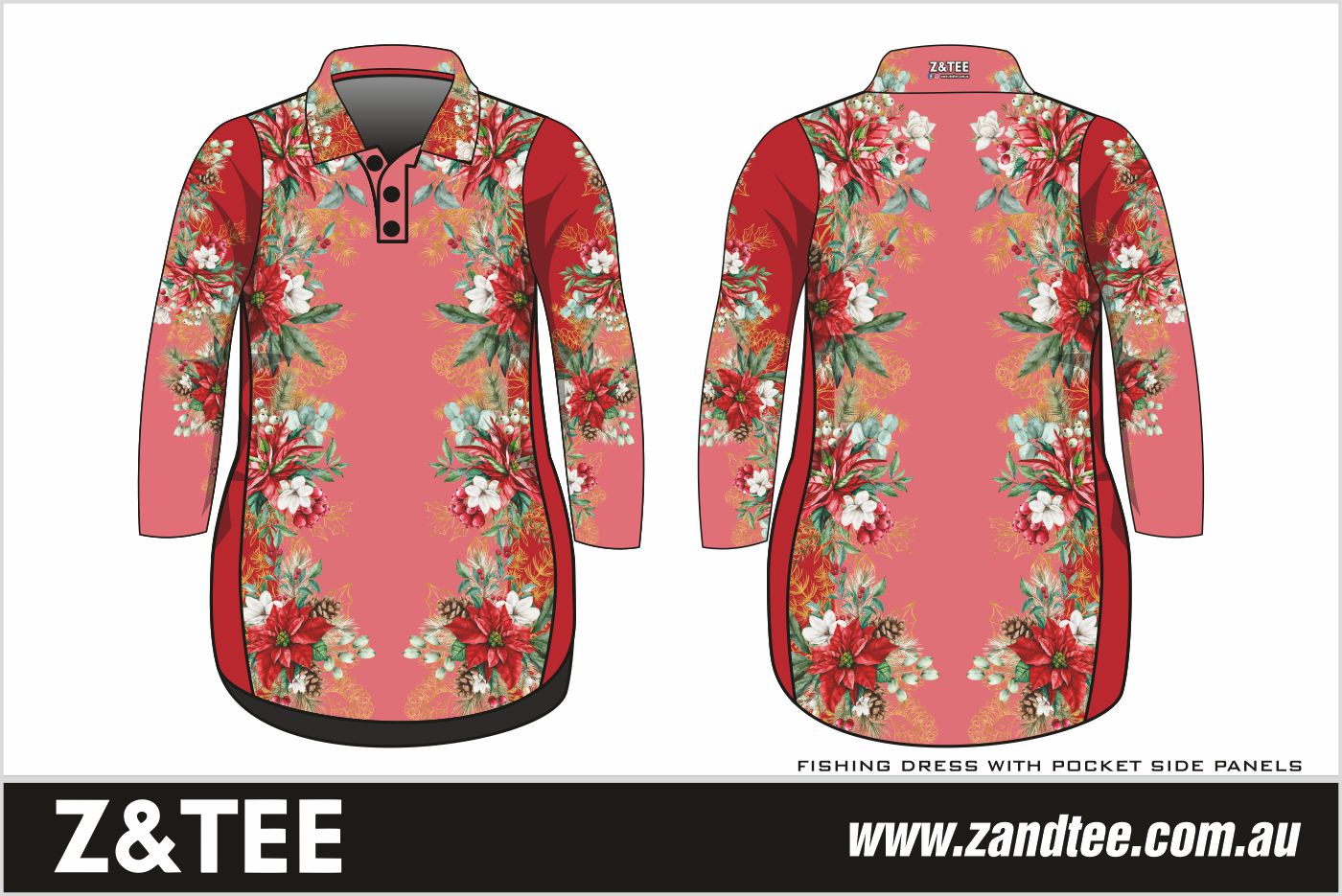 Christmas | Red Floral Christmas Fishing Dress ★Pre-Order★ Z and TEE beach Beach Dress christmas Christmas design Christmas Gift Festive Floral Fun Matching Shirt Merry Christmas pink quick dry red Summer SUN SAFE Ugly Christmas sweater UPF WOMEN'S DESIGNS womens