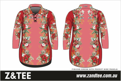 Christmas | Red Floral Christmas Fishing Dress ★Pre-Order★ Z and TEE beach Beach Dress christmas Christmas design Christmas Gift Festive Floral Fun Matching Shirt Merry Christmas pink quick dry red Summer SUN SAFE Ugly Christmas sweater UPF WOMEN'S DESIGNS womens