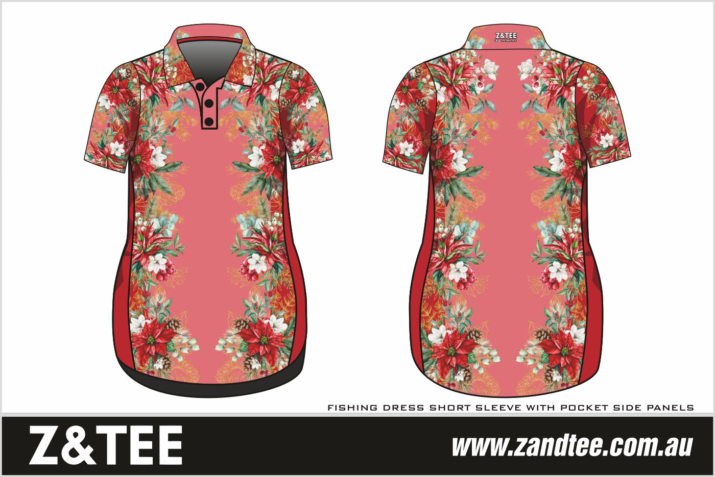 Christmas | Red Floral Christmas Fishing Dress ★Pre-Order★ Z and TEE beach Beach Dress christmas Christmas design Christmas Gift Festive Floral Fun Matching Shirt Merry Christmas pink quick dry red Summer SUN SAFE Ugly Christmas sweater UPF WOMEN'S DESIGNS womens