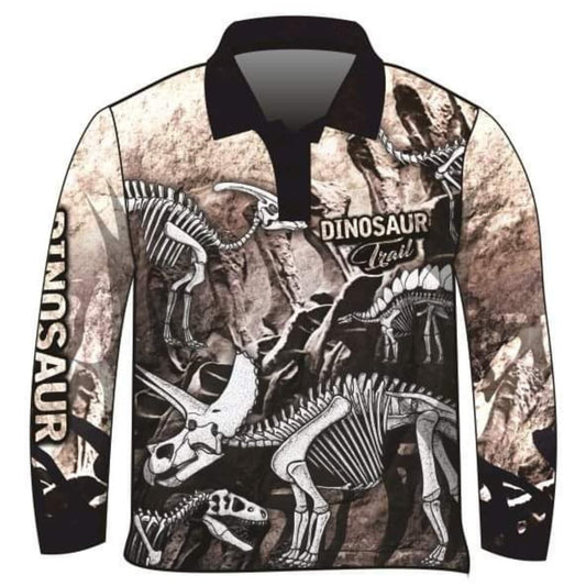 Kids | Dinosaur Trail Fossils Bone Fishing Shirt ★Pre-Order★ Z and TEE beige black BOYS DESIGNS Dinosaurs Fossils KIDS quick dry SUN SAFE UPF white