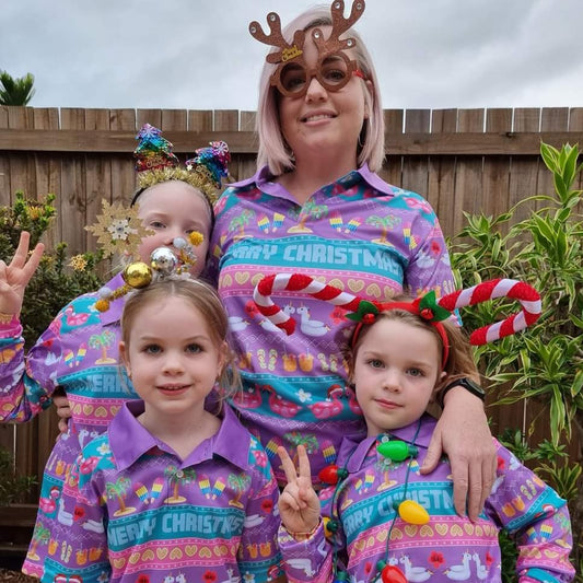 Christmas | Fa La La Mingo Ugly Christmas Fishing Shirt ★Pre-Order★ Z and TEE Aussie Australian CHRISTMAS Christmas design Christmas Gift Festive Flamingoes Matching Shirt Matching Singlet Merry Christmas pink purple quick dry Summer SUN SAFE Tropical Ugly Christmas sweater Unicorns UPF
