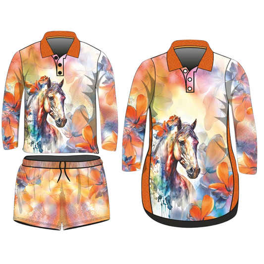 Western | Floral Pony Fishing Shirt ★Pre-Order★ Z and TEE beige Complete the Set COUNTRY WESTERN DESIGNS Dress Set Floral GIRL'S DESIGNS horse KIDS matching dress Matching Shirt Matching shorts New Design orange quick dry SUN SAFE UPF Womens
