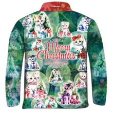 Christmas | Green Kitty Christmas Fishing Shirt ★Pre-Order★ Z and TEE CHRISTMAS Christmas design Christmas Gift Christmas tree Festive green Kittens Merry Christmas quick dry red snow SUN SAFE UPF